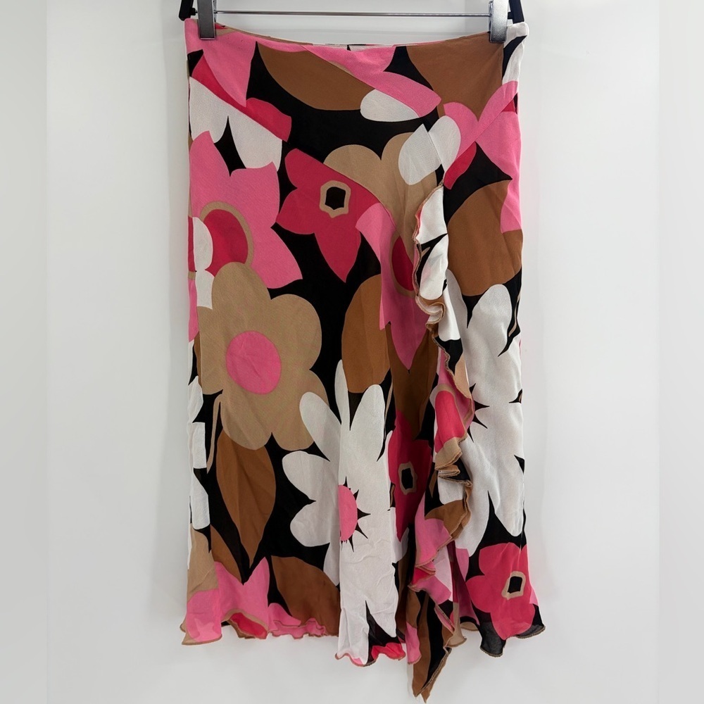 Y2K Floral boho Midi Skirt Pink Brown Ruffle Wrap fairy downtown Style Size 8